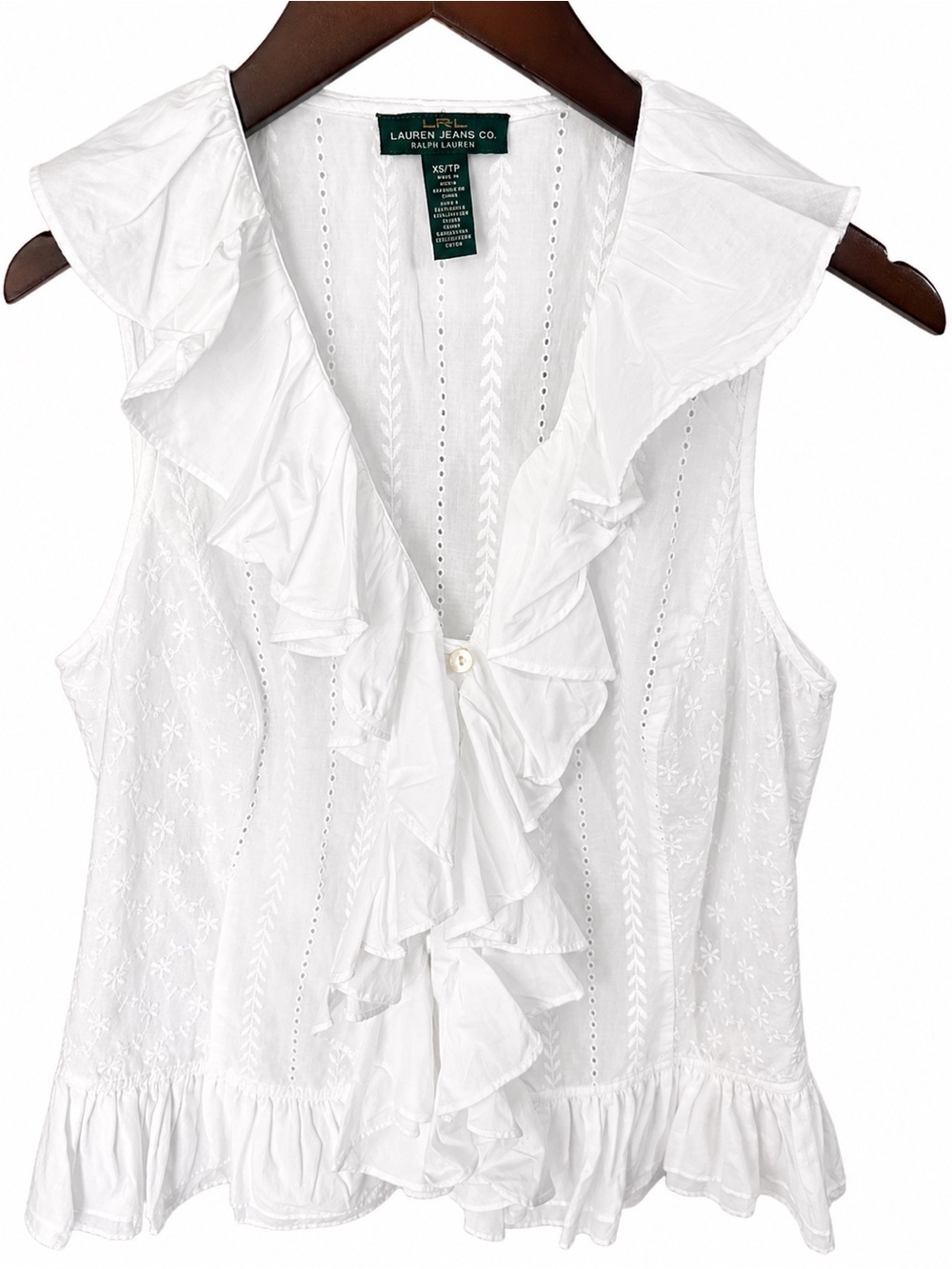 Lauren Ralph Lauren White Ruffle Sleeveless Blouse 100% cotton- summer